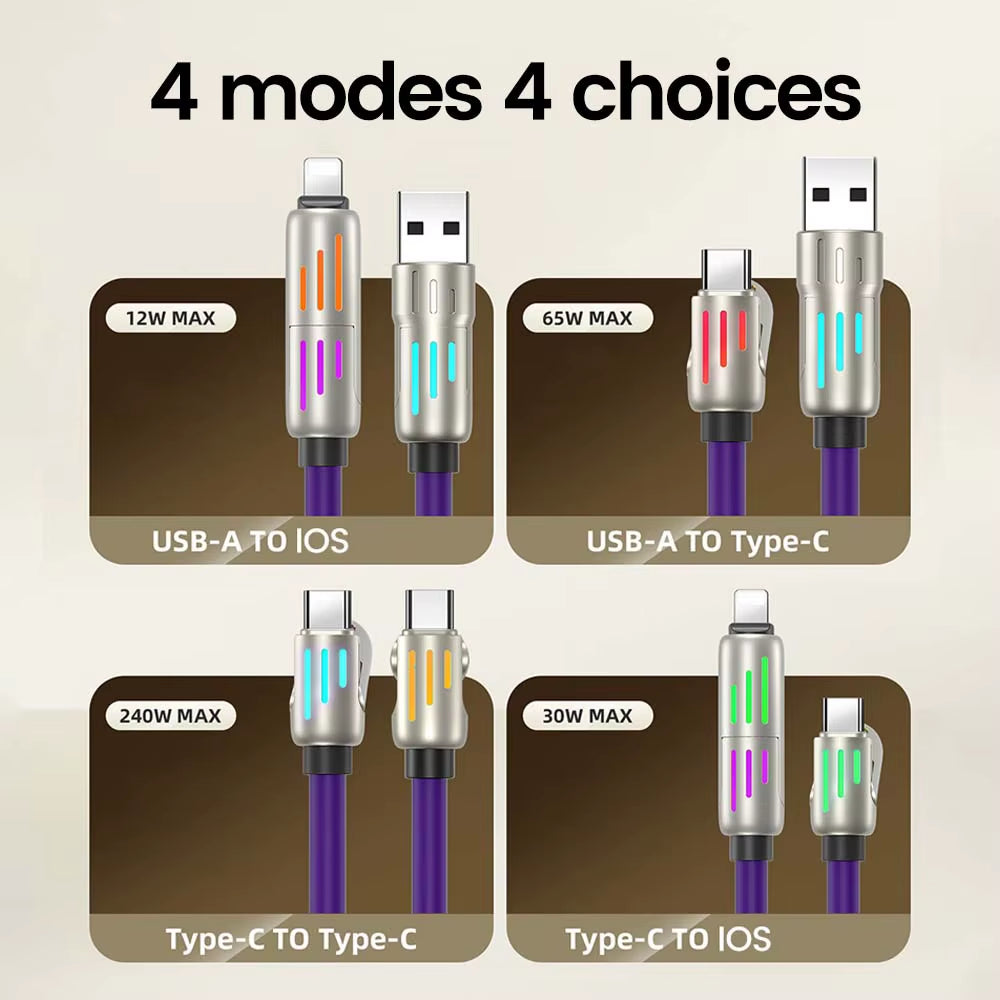 240W 4 in 1 USB C Fast Charging Cable USB to Lightning Data Cable Dual Type C Fast Charger Cable for Iphone 15 Samsung Xiaomi
